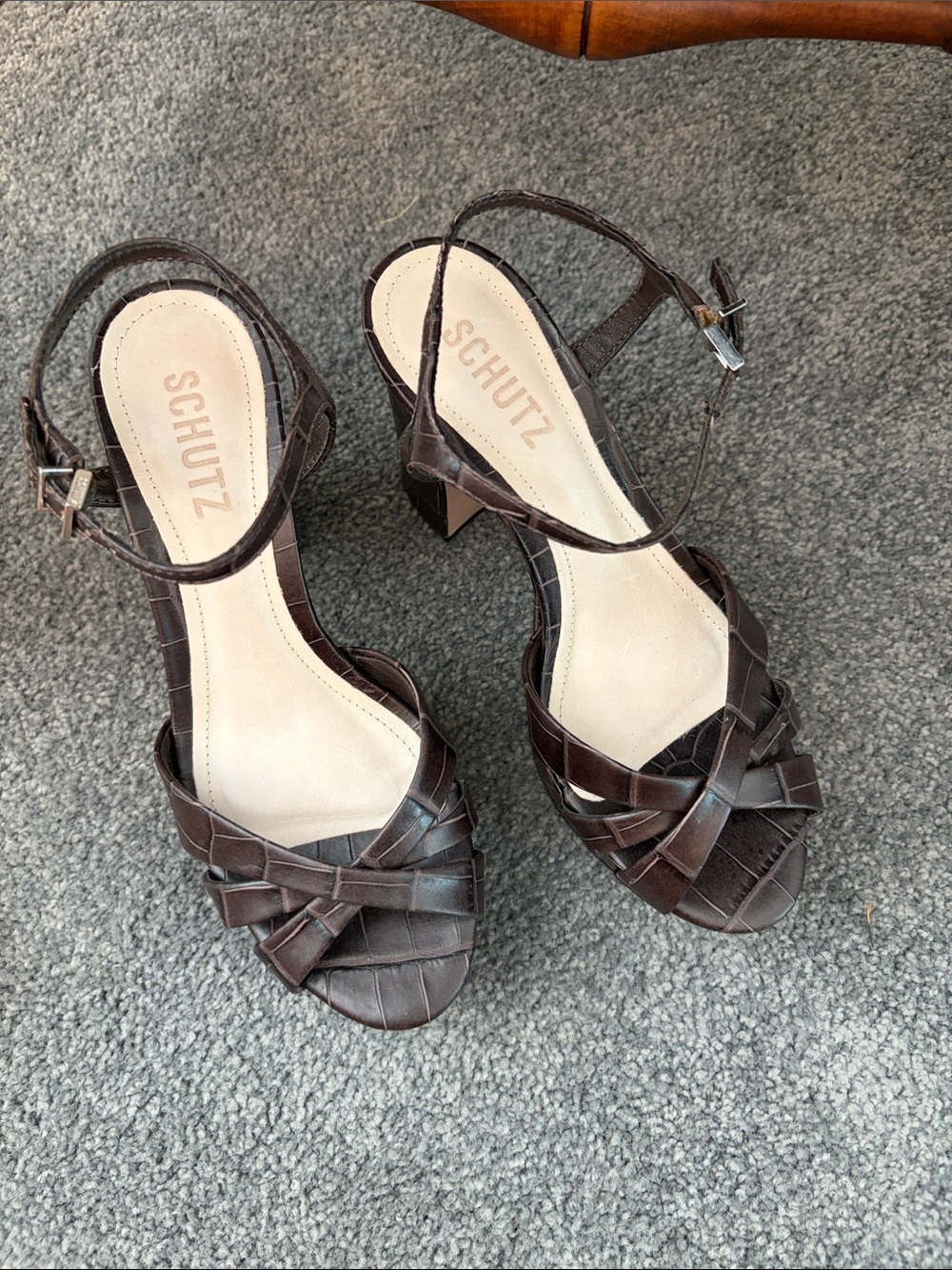 SCHUTZ Dark Brown Braided Ankle-Strap Block Heels NEW